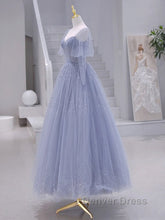 A-Line Long sleeves Beading Gray Blue Long Prom Dresses, Gray Blue Formal Dresses
